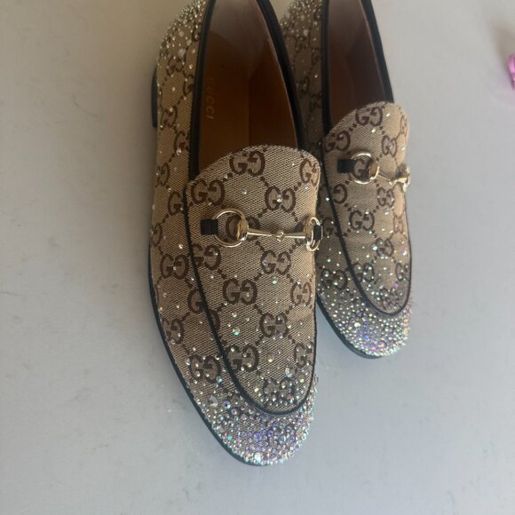 Gucci Shoes - Gucci Beige GG Canvas Crystal-Embellished Horsebit Loafers